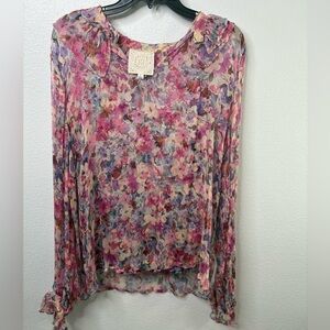 Johnny Was Jade Large 100% Silk Long Sleeve Sheer Floral Blouse